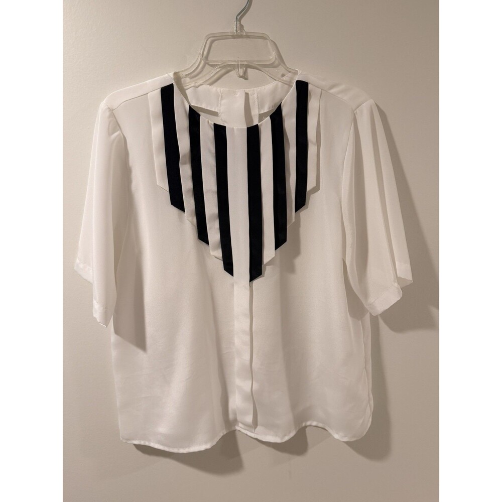 Womens VTG 80s Nicola Petites White Black Stripe Poly Blouse Back Button Sz 10P